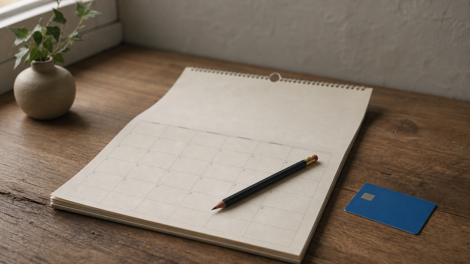 An open wall calendar lies beside a plastic credit card and a pencil.