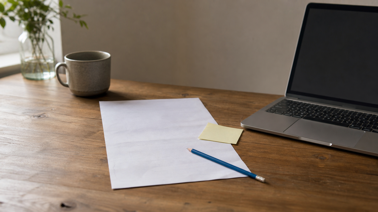 A paper invoice and pencil sit beside an open laptop, showing data copied by hand.
