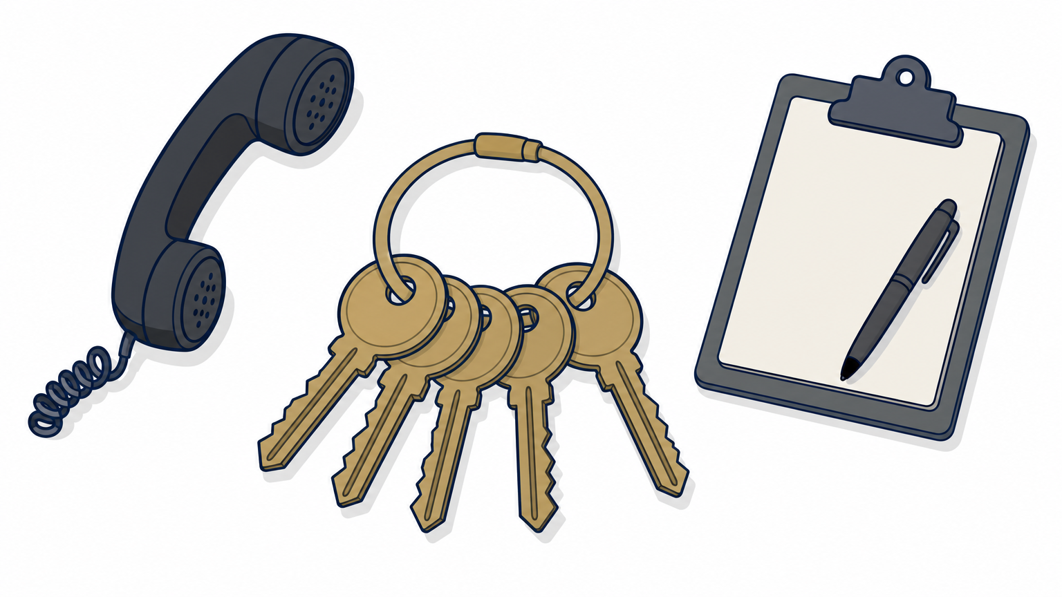 A ring of keys lies on a desk next to a telephone handset and a closed clipboard.