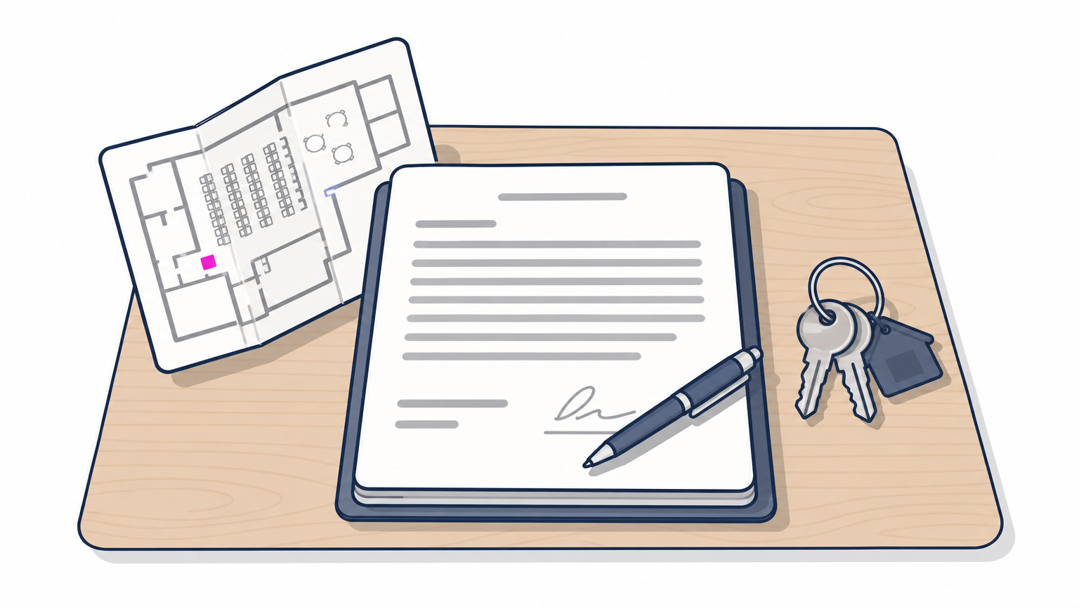 A venue contract with a pen on it, placed next to a folded floor plan and a set of keys.