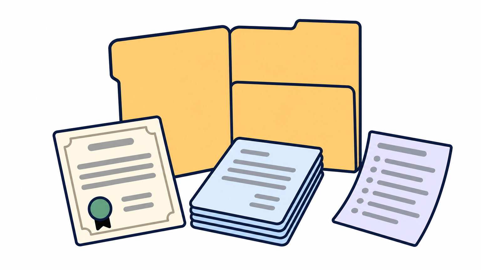 An open folder on a desk holding a license, bank statements, and a processing history.