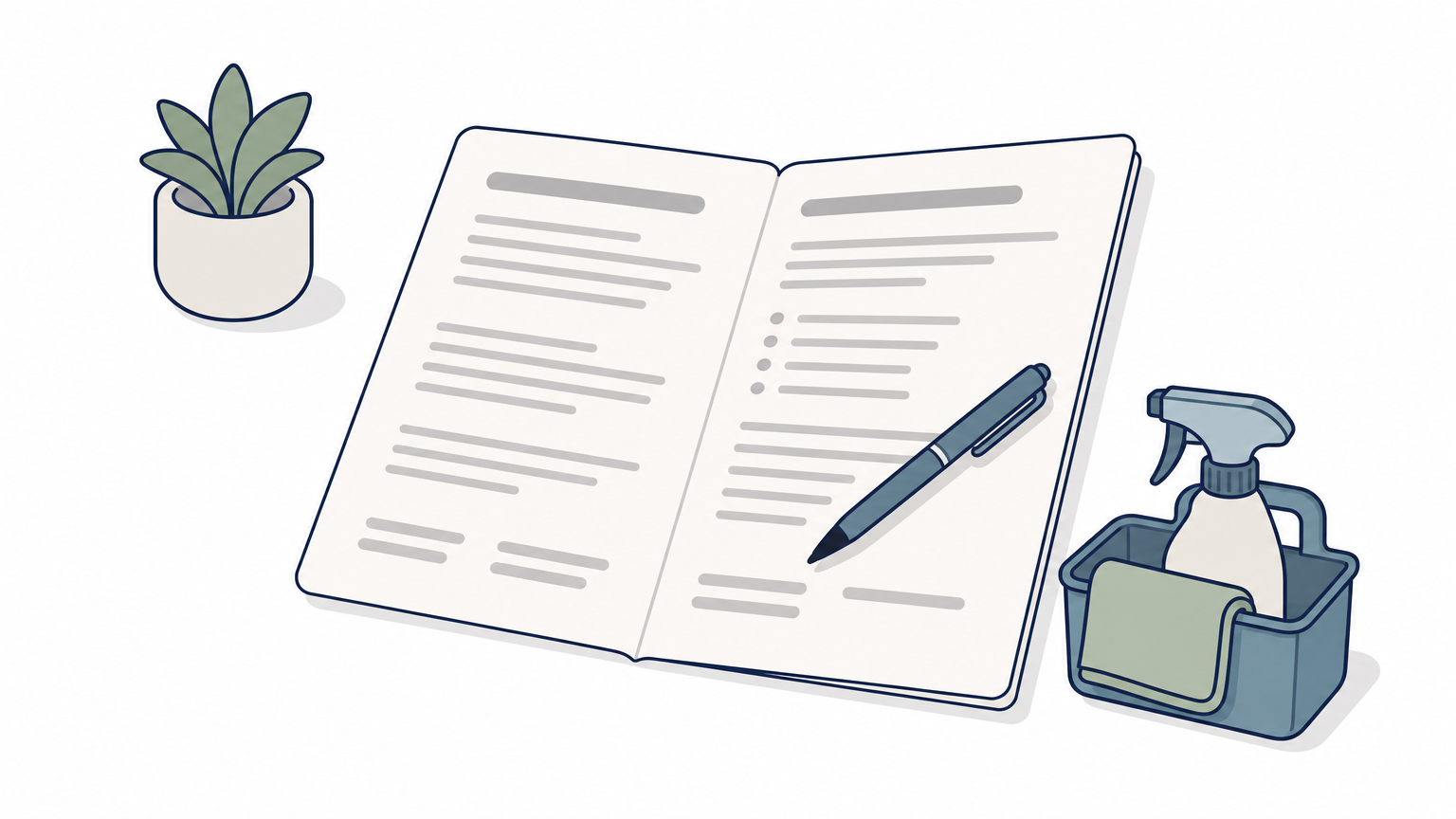 A service agreement lies open with a pen on it, beside a cleaning caddy with a spray bottle and cloth.