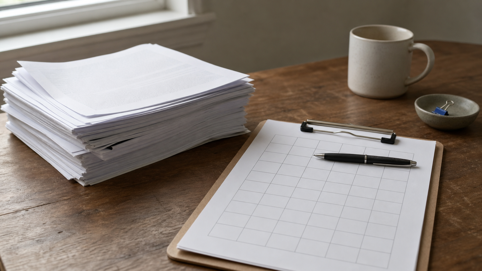 A stack of printed papers sits next to a clipboard holding an empty grid table with a pen resting on it.