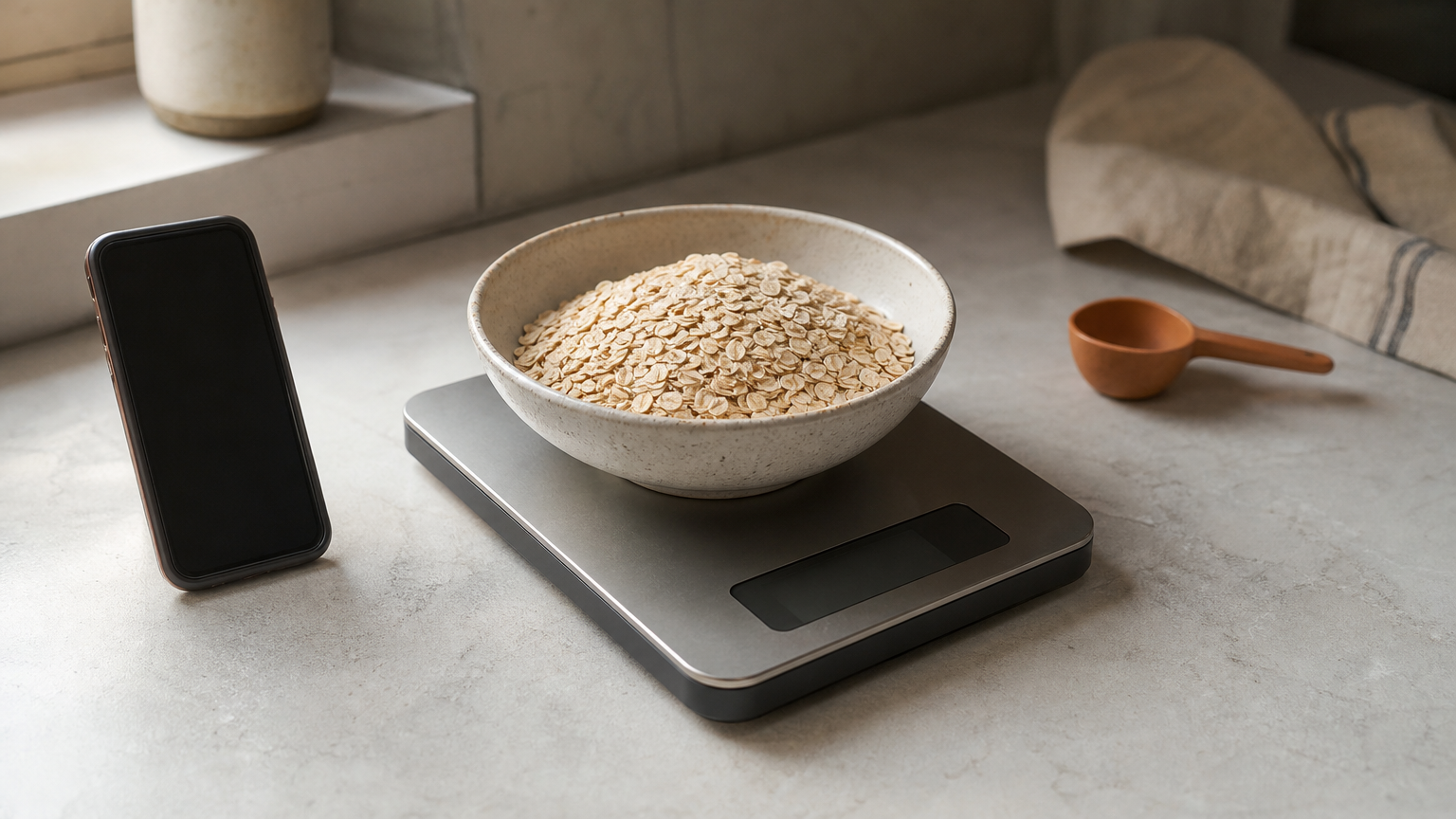 A digital food scale on a counter with a smartphone beside it and a bowl of oats on the platform.