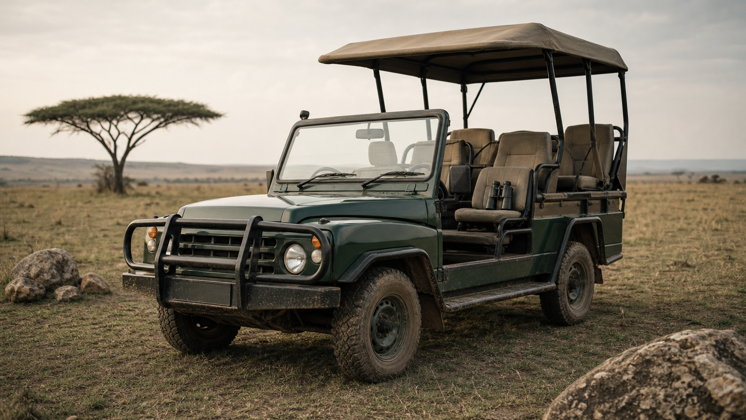 A 4x4 safari jeep stands on open grassland beside a lone acacia tree, with binoculars on the seat.