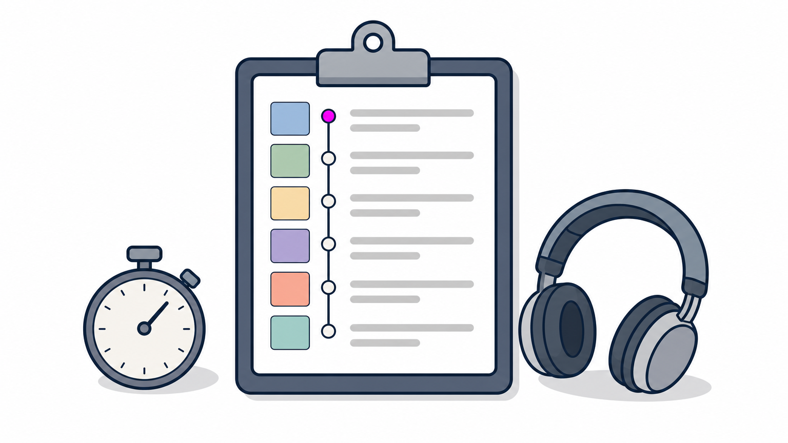 A clipboard with a printed schedule beside a stopwatch and headphones.