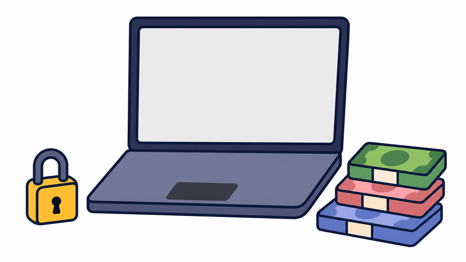 A laptop, a padlock, and banknotes from several countries sitting together on a desk.