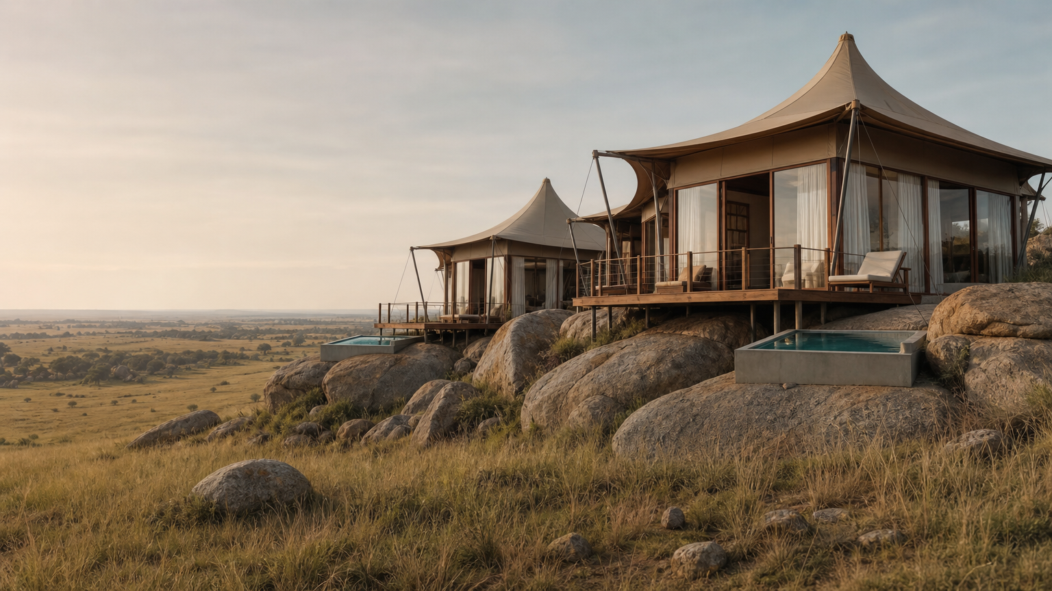 Two glass-fronted tented suites with private decks and plunge pools sit among granite boulders above open grassland.