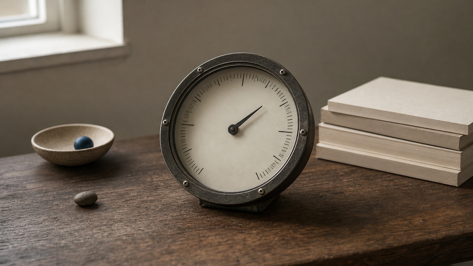 A round gauge with its needle resting in the middle sits beside a small stack of four printed studies.