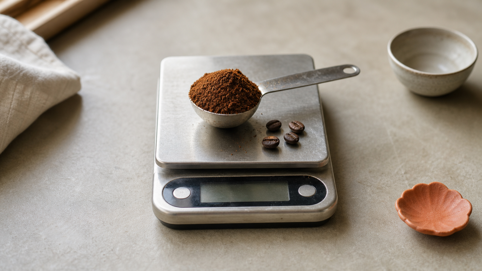 A small kitchen scale weighing a measuring spoon of ground spice, with coffee beans scattered nearby.