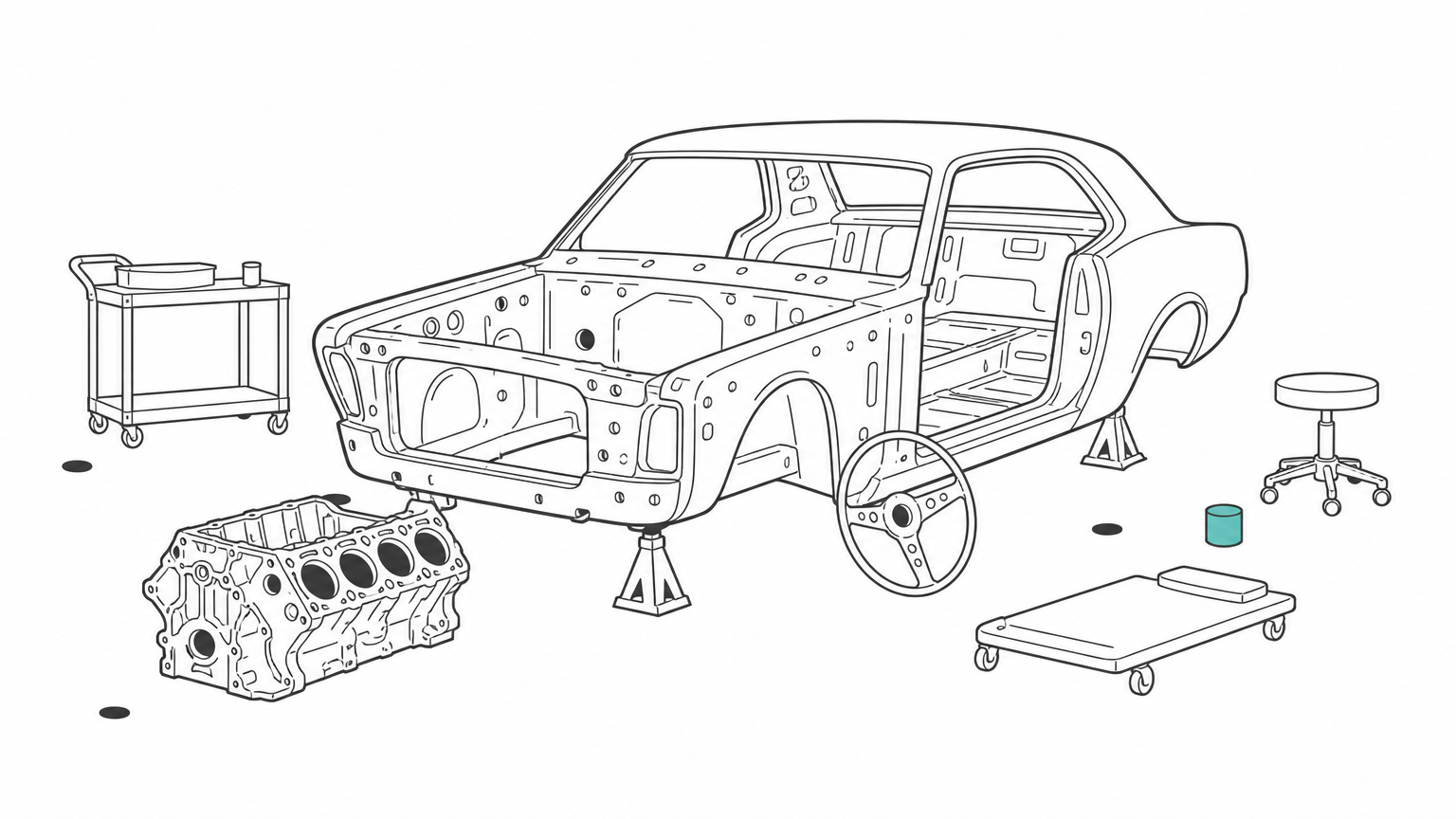 A bare engine block sits on a garage floor beside an empty car frame.