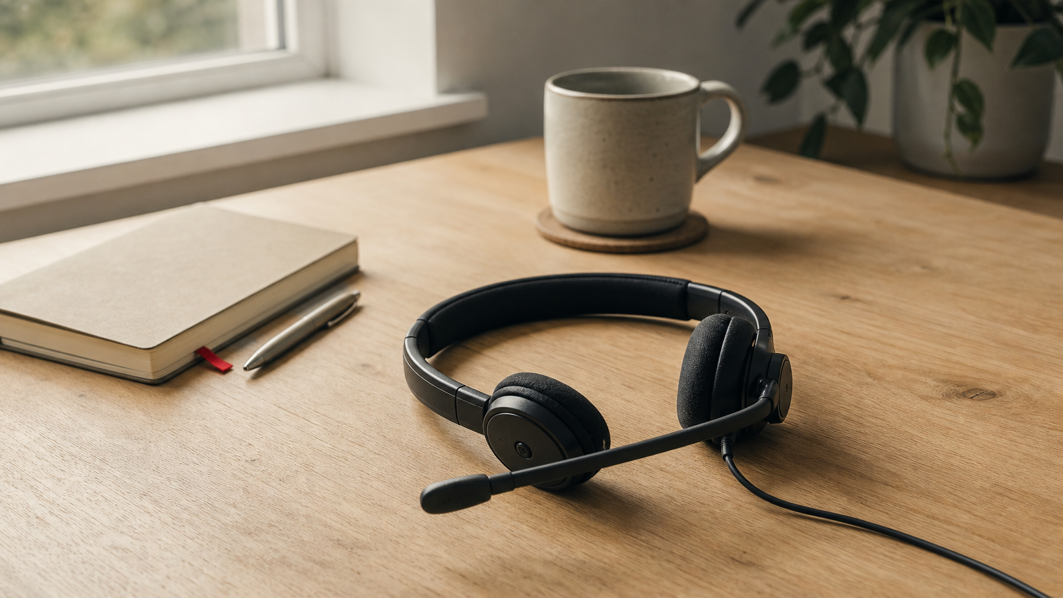 A headset rests on a tidy home desk beside a notebook, pen, and coffee mug.