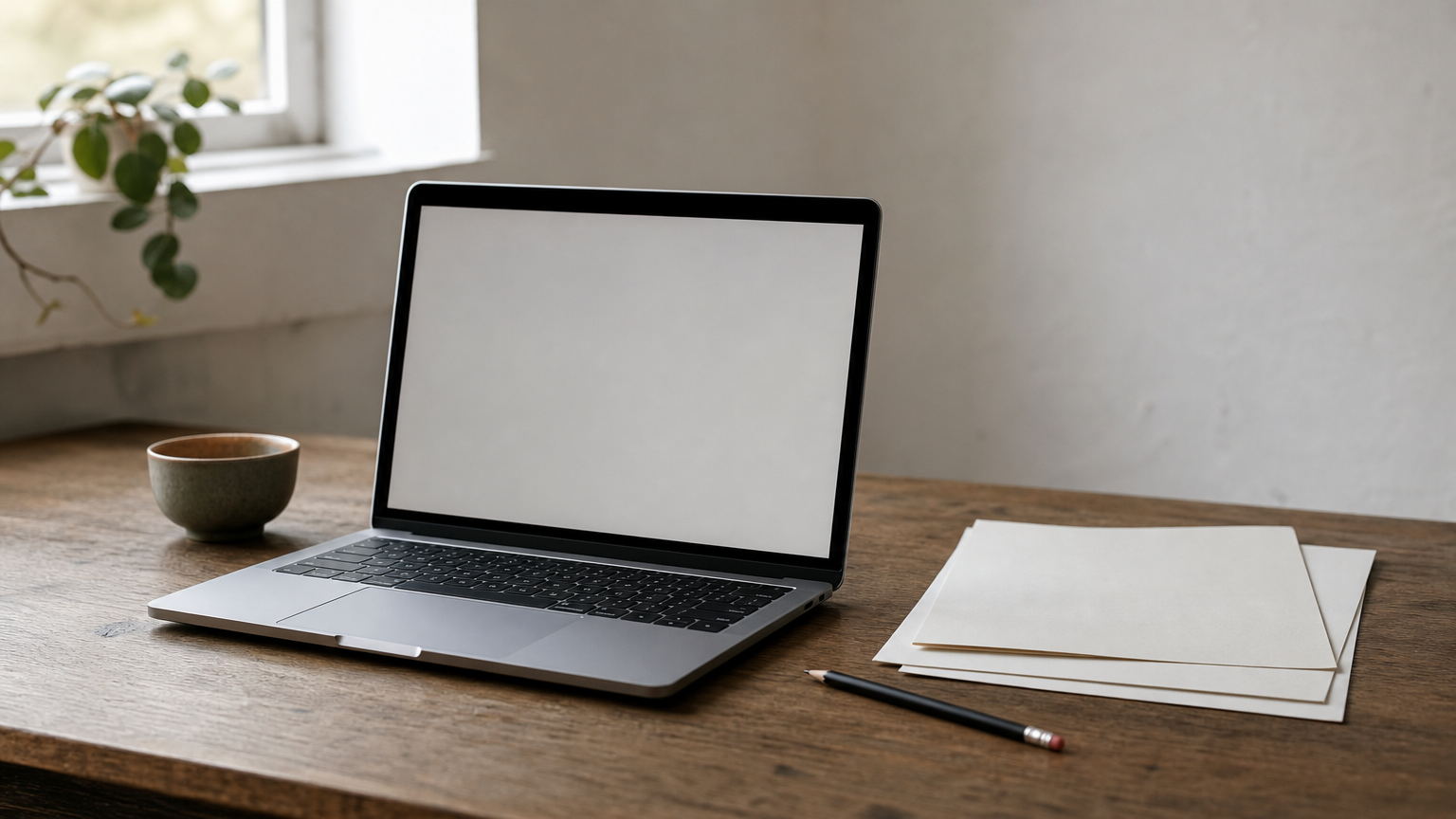 A laptop on a desk beside printed pages and a pencil, suggesting freelance writing work.