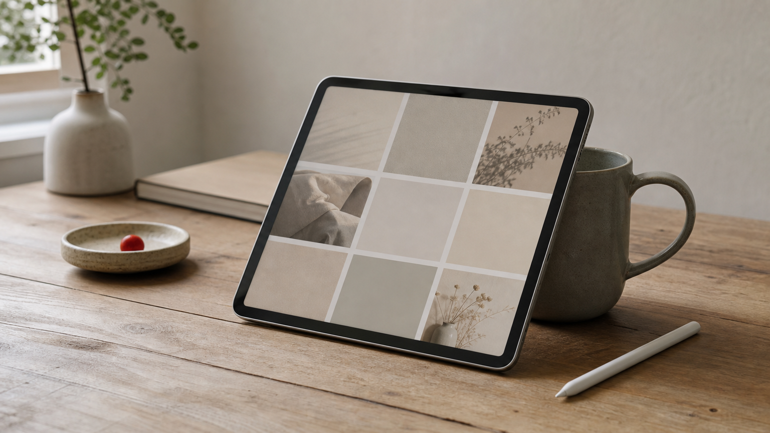 A tablet on a desk displays a grid of square social media post layouts beside a stylus and a mug.