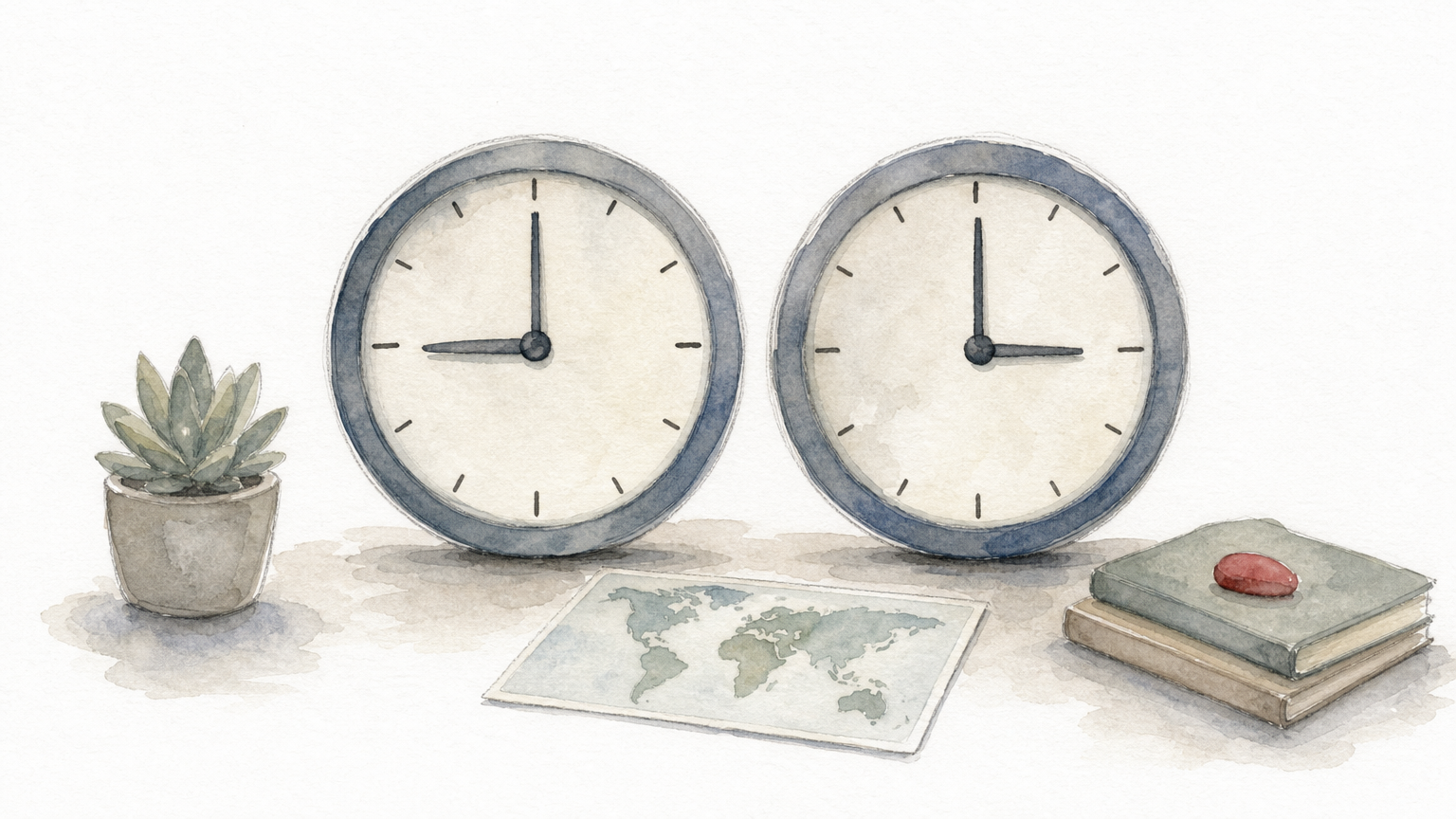 Two wall clocks on a desk show different hours beside a small world map card.