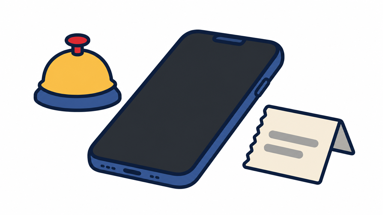 A smartphone lying face up on a desk beside a hand bell and a folded paper ticket.