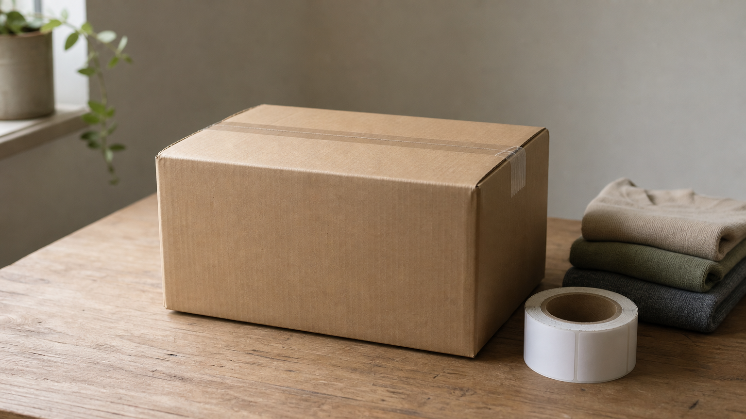 A sealed cardboard box with a tape roll and folded clothing, ready to ship to a buyer.