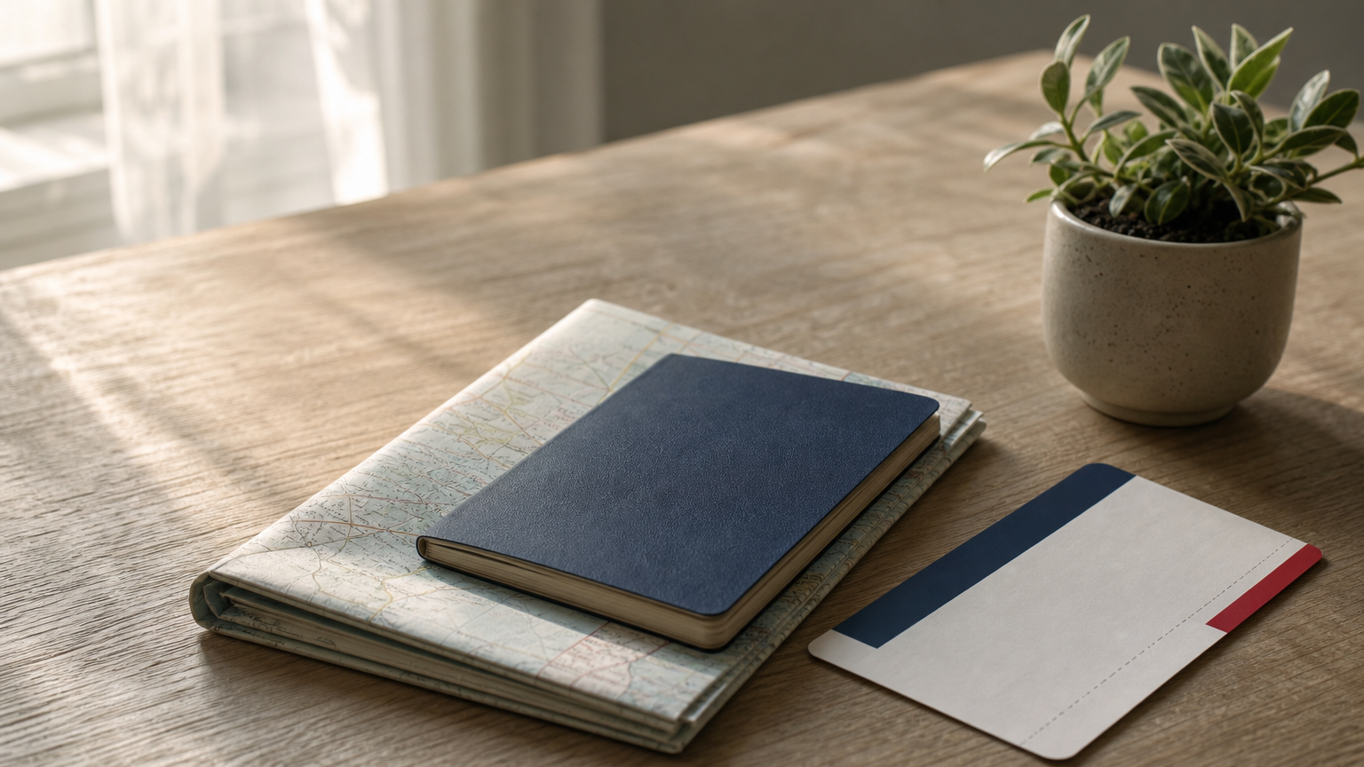 A passport, folded map, and boarding pass lie together on a table beside a small plant.