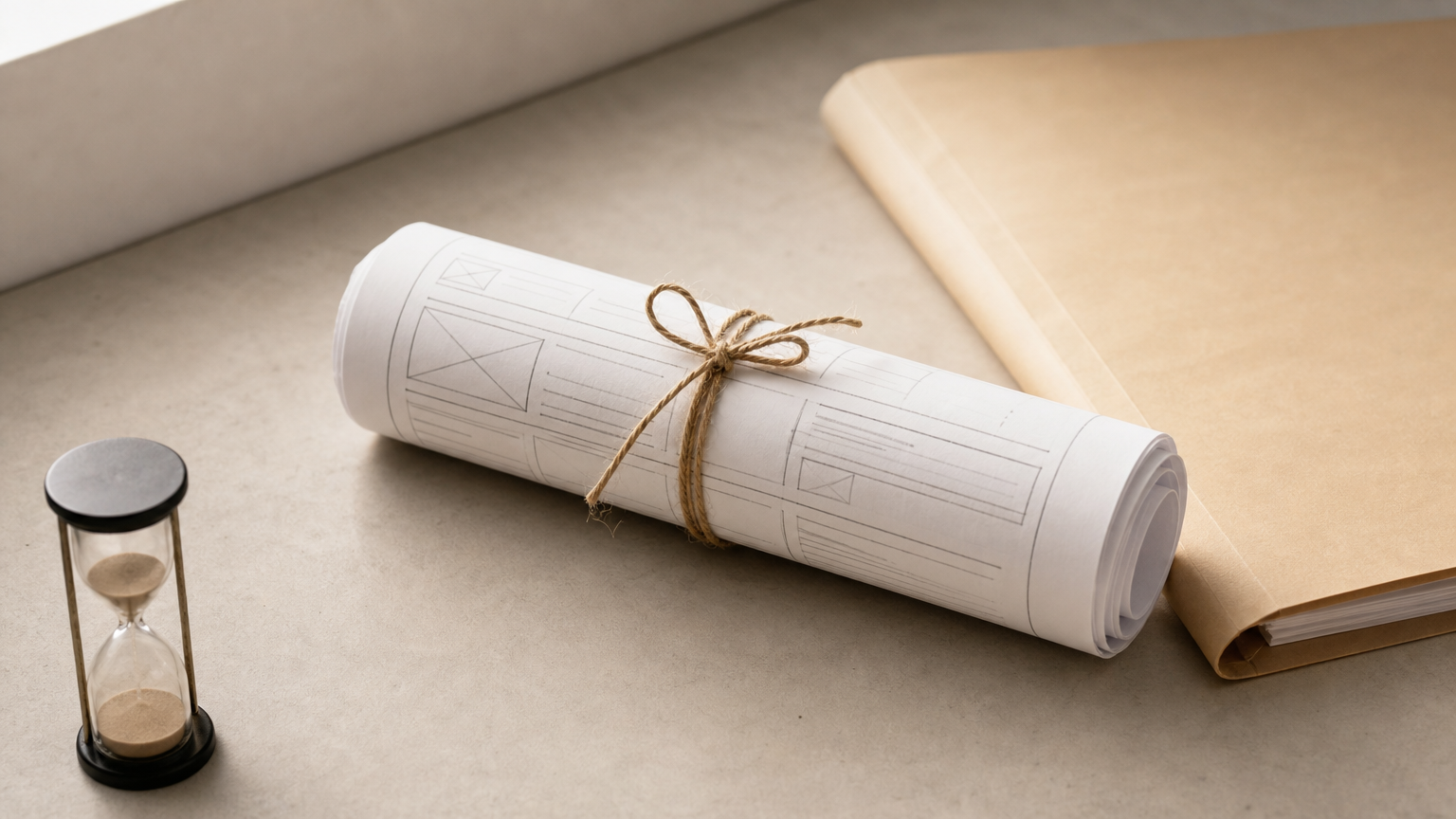 A rolled website wireframe, a closed folder and an hourglass arranged together on a desk.