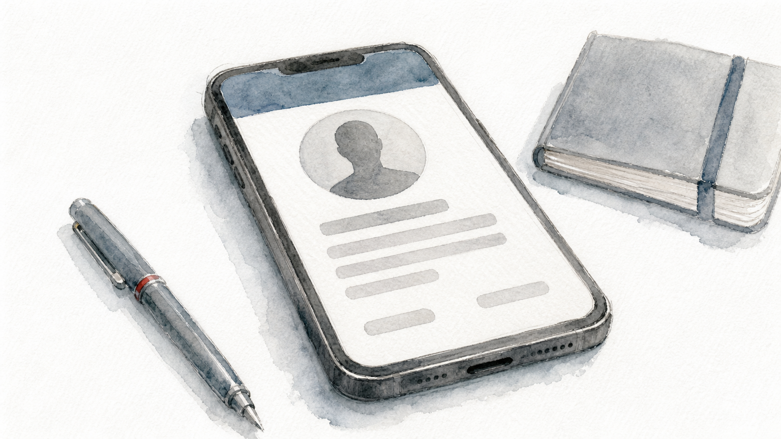 A smartphone on a desk displays a profile card with a round portrait photo and a headline bar.