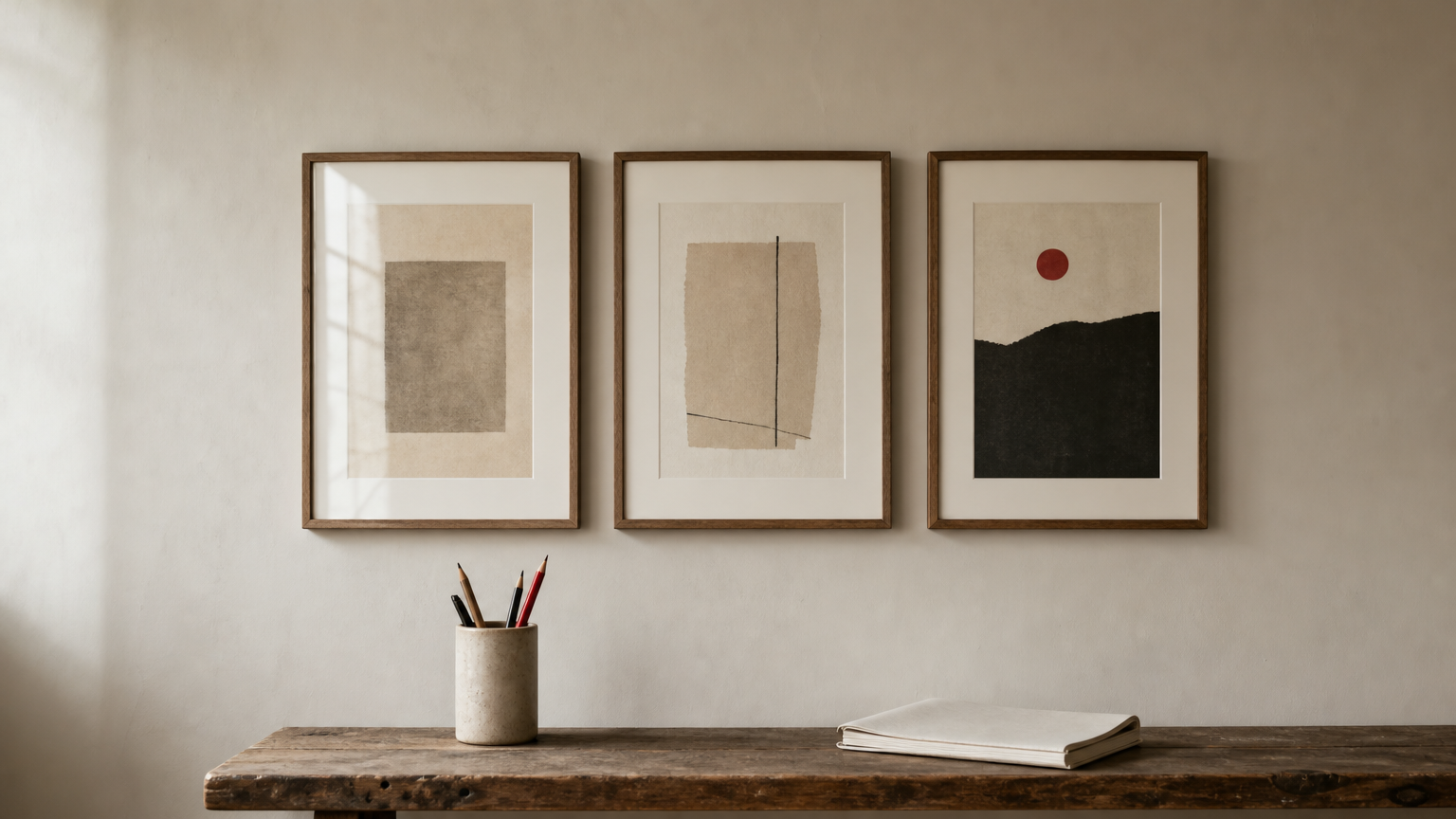 Three framed prints hang in a row above a shelf holding a pencil cup and a sketchbook.