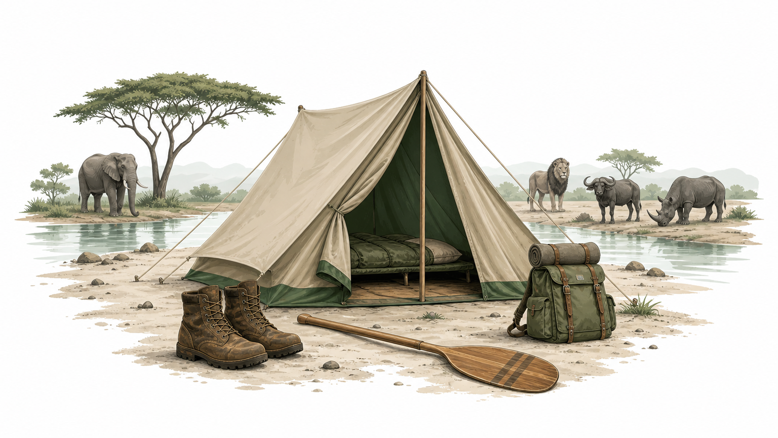 A canvas tent on a riverbank beside hiking boots, a backpack, and a canoe paddle.