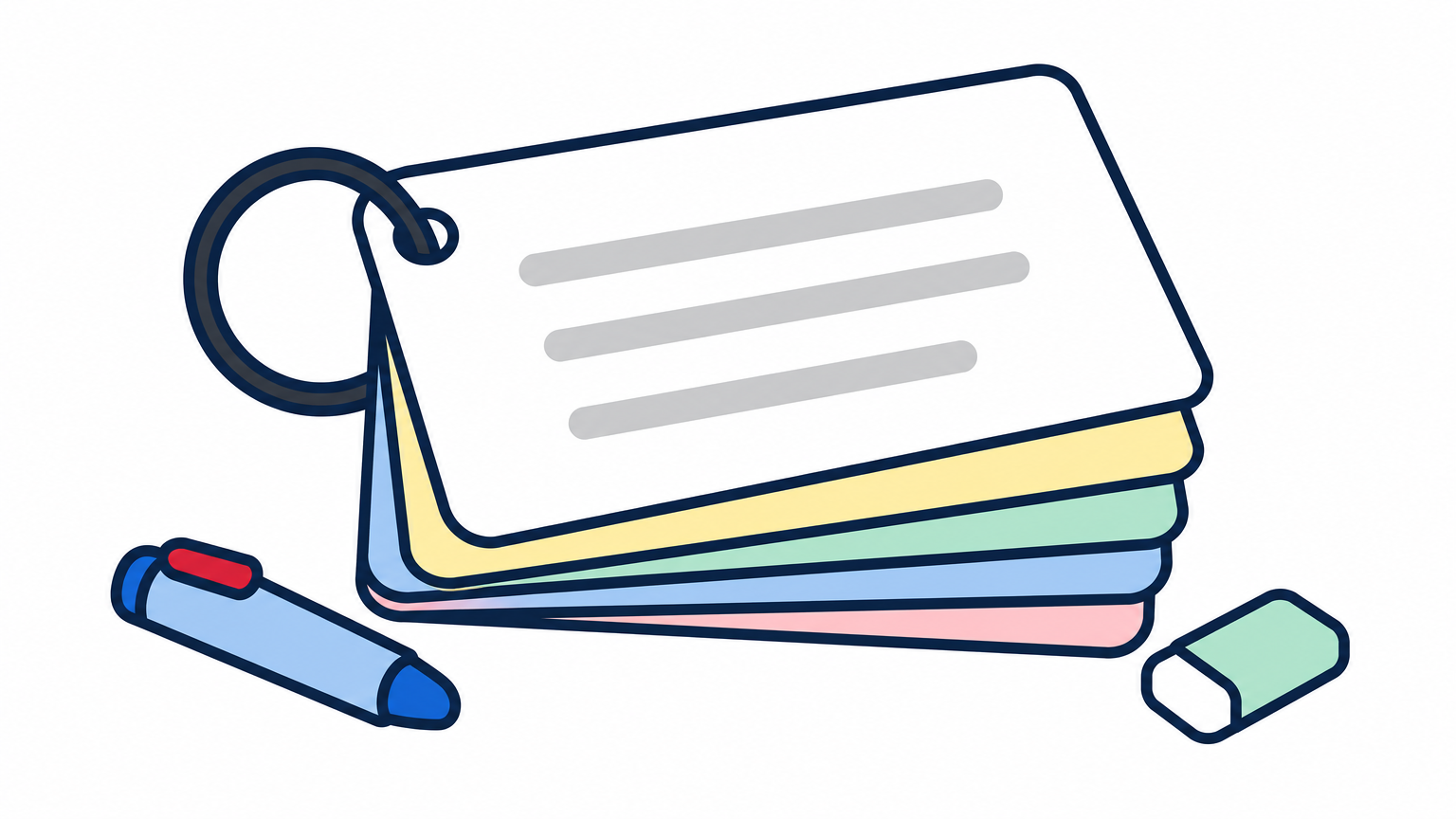 A stack of index cards tied to a key ring, with the top card lifted slightly.