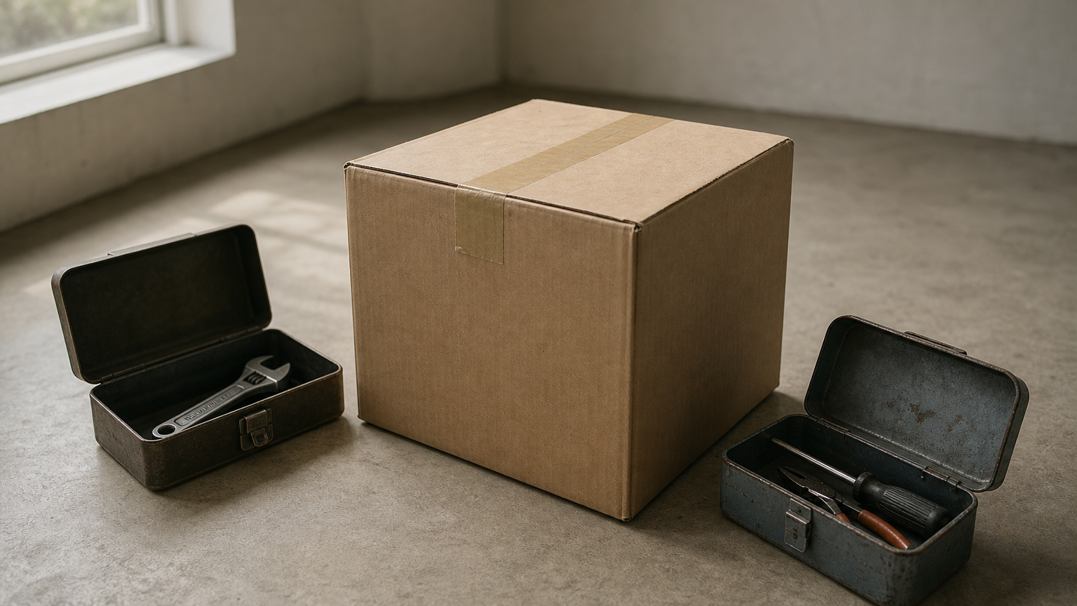 A sealed moving box between two open toolboxes containing hand tools, suggesting a website migration.