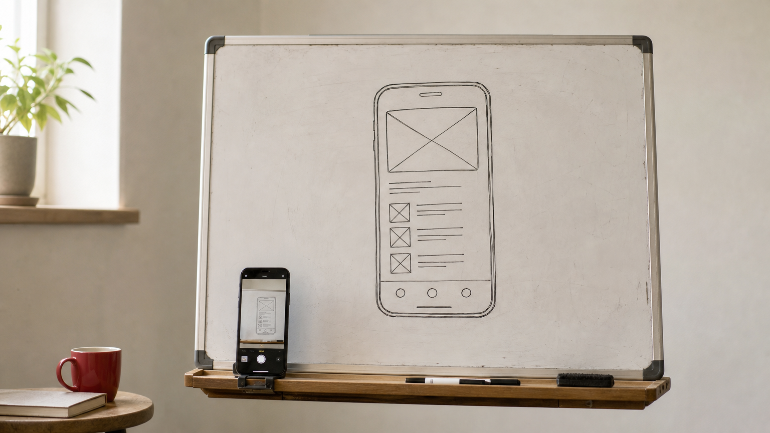 A smartphone on a marker tray photographs a hand-drawn phone screen sketch on a whiteboard.