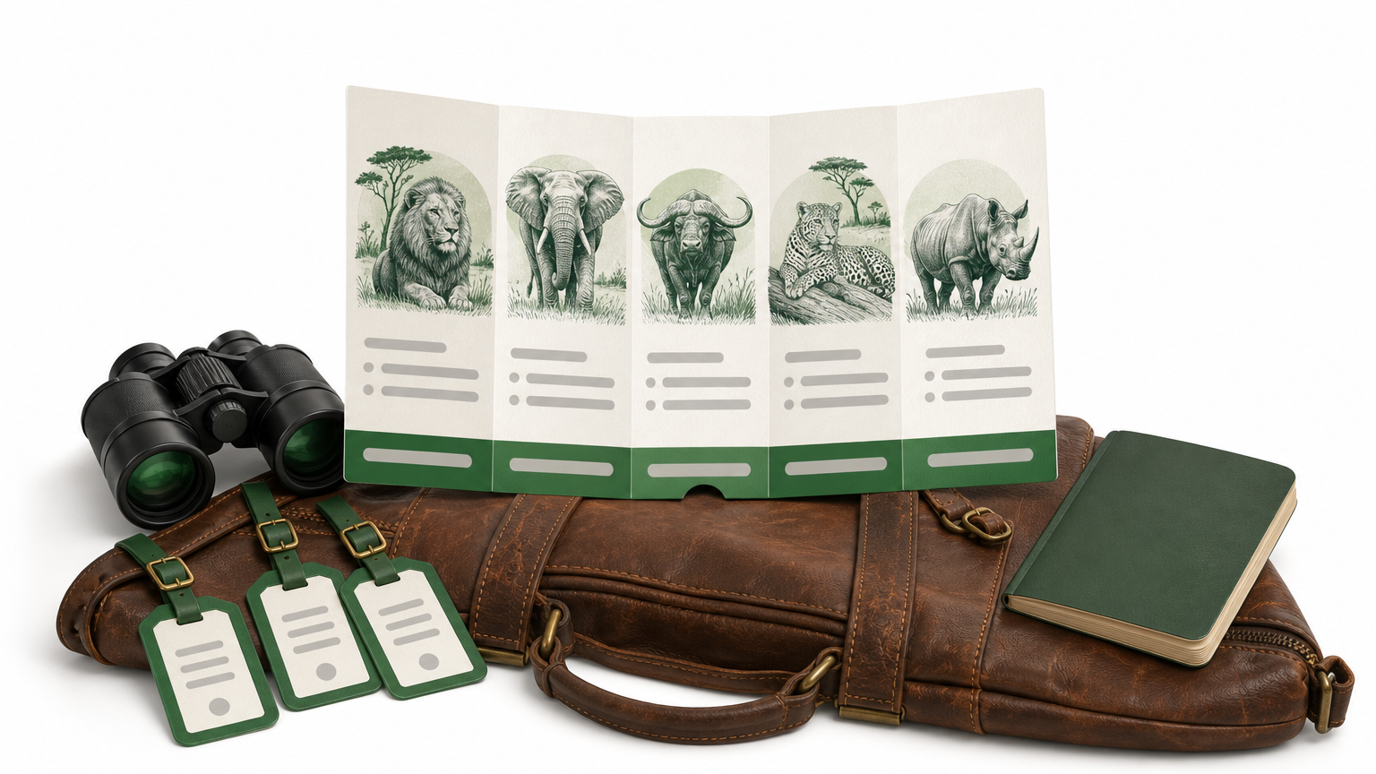 A folded itinerary card, luggage tags, binoculars, and a passport arranged on a leather bag.