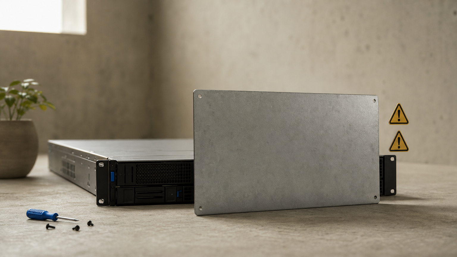 A rack-mounted server with a metal shield plate standing in front of it and warning triangles beside it.