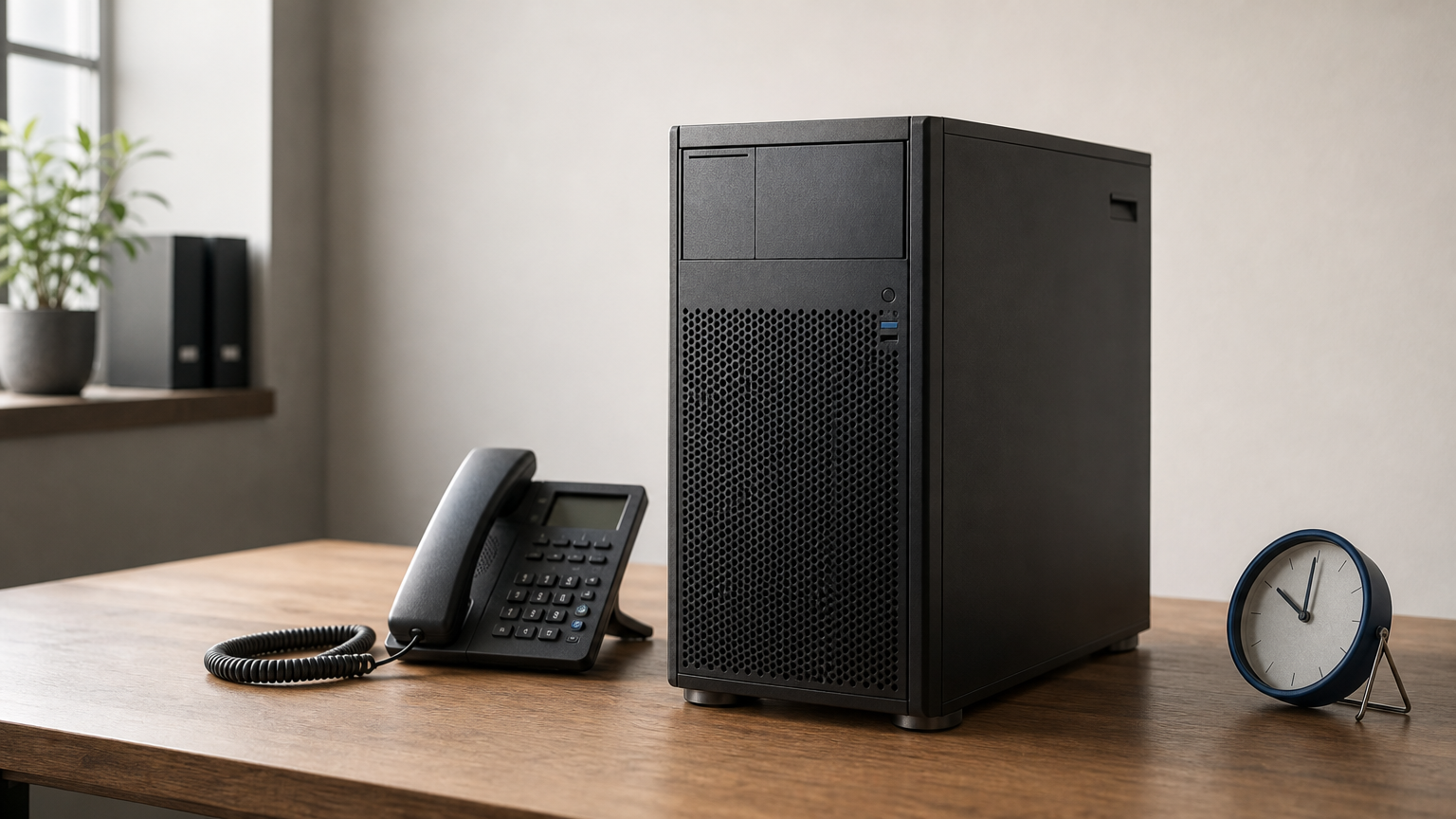 A desk telephone with its handset resting beside a tower server on a desk, with a wall clock nearby.