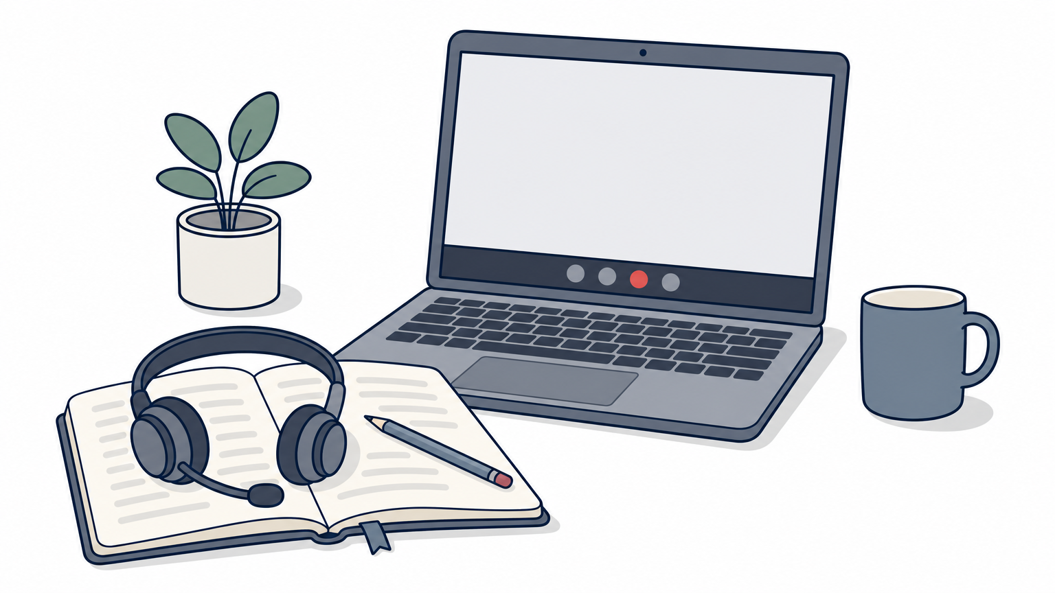A headset, open notebook and laptop arranged on a desk ready for a video lesson.
