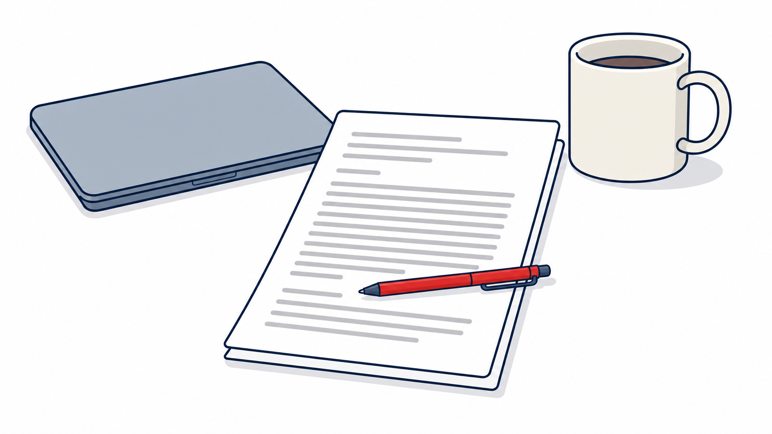 A marked-up printed draft beside a closed laptop and a coffee mug on a desk.