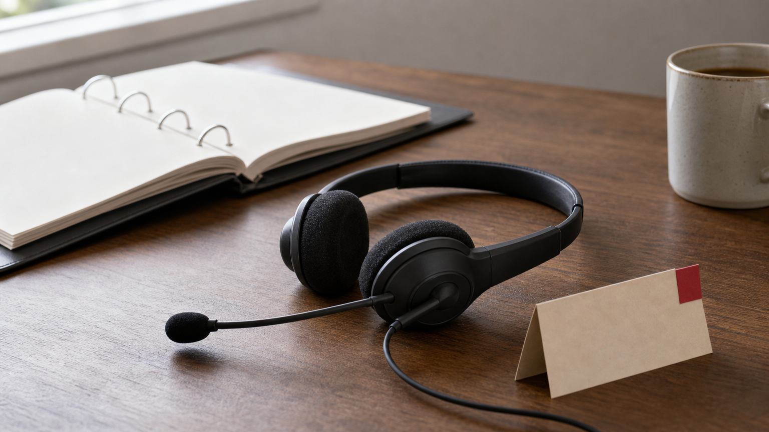 A headset, open protocol binder, and triage card sit on a desk beside a coffee mug.