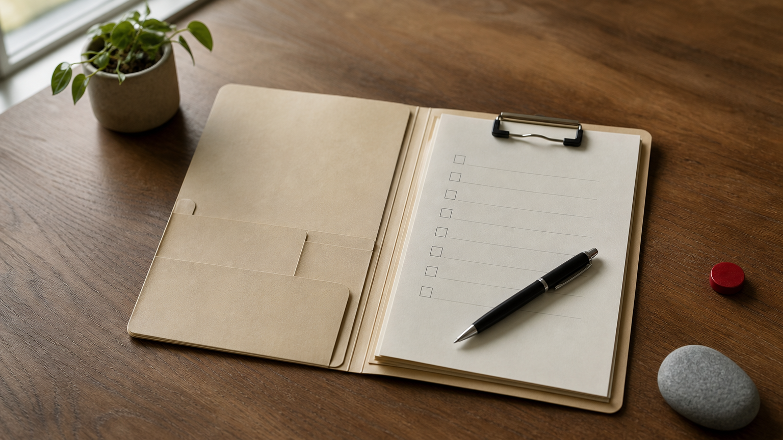 An open medical chart folder with a criteria checklist on a clipboard and a pen across the pages.