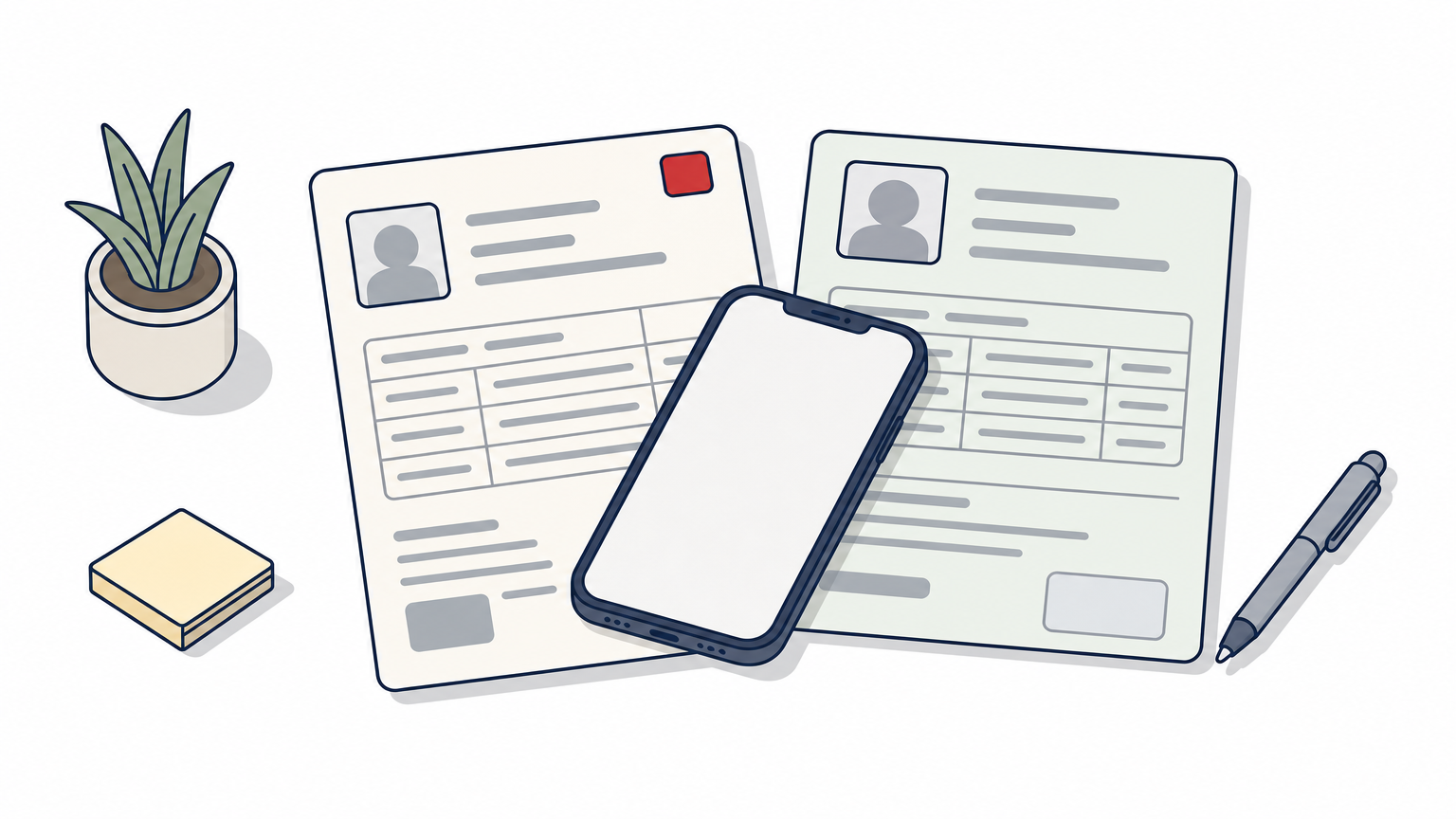 An admit card, a registration card and a mobile phone placed side by side on a desk.