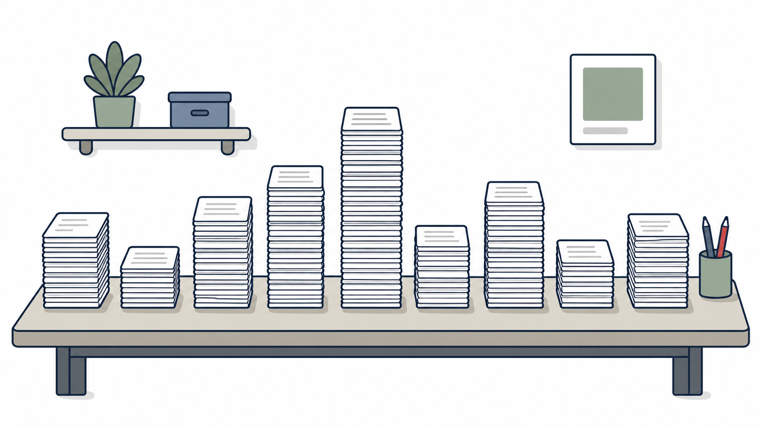 Nine stacks of paper of varying heights stand in a row on a table.