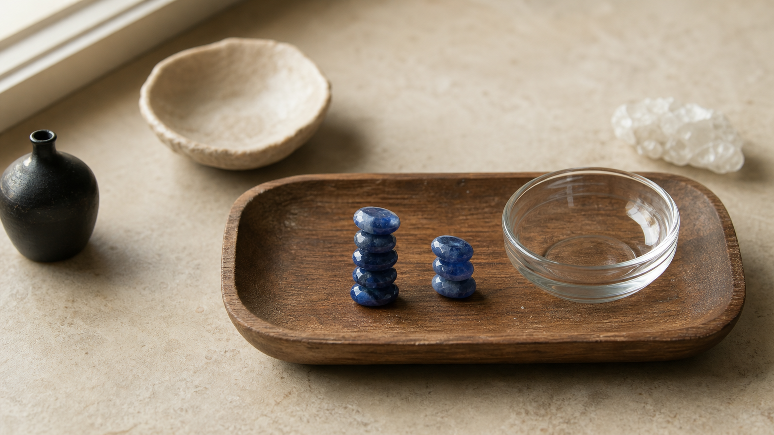 Two small stacks of blue gems sit on a wooden tray next to an empty glass bowl.