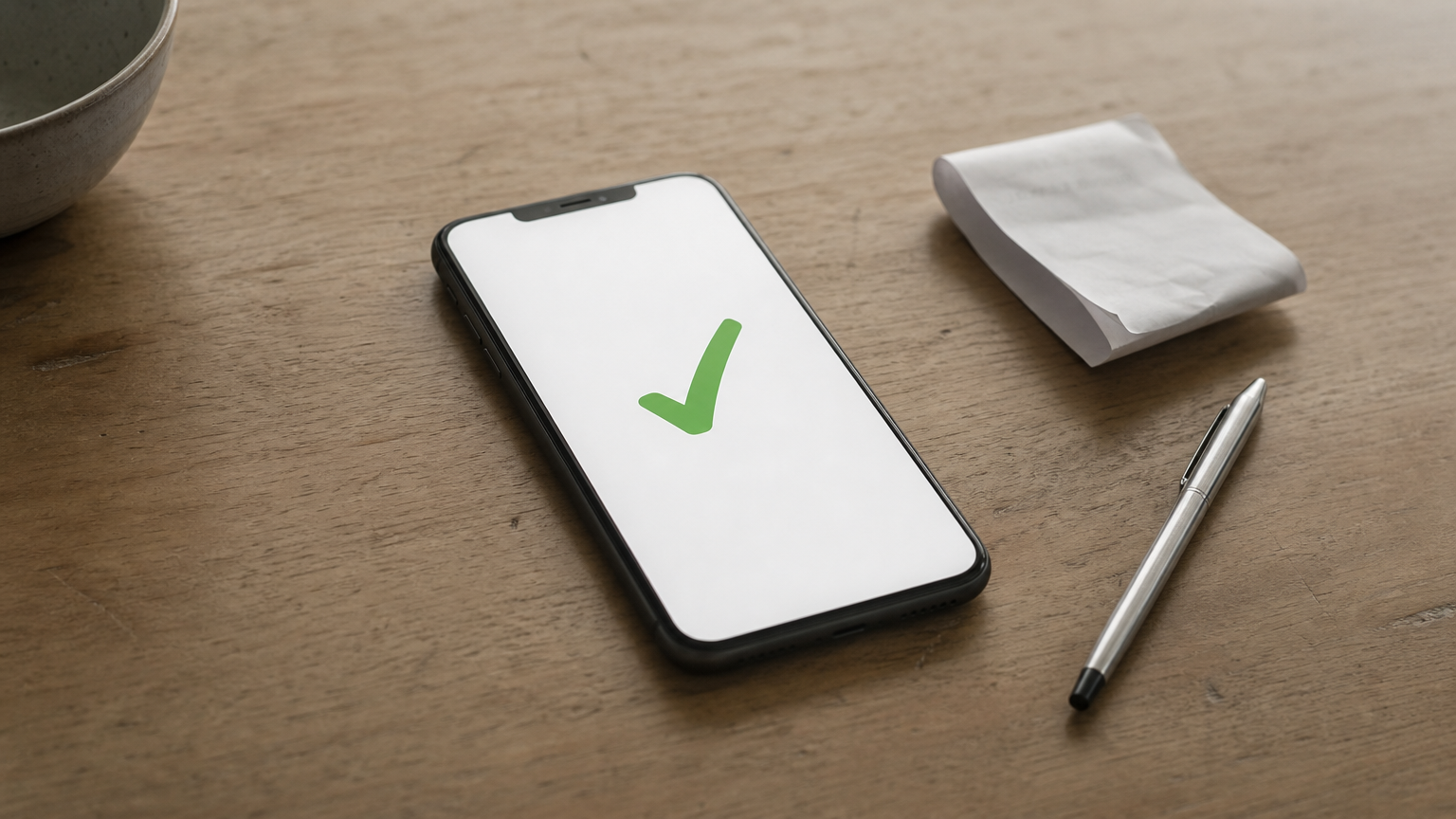 A phone lies flat showing a green check mark, next to a folded receipt and a pen.