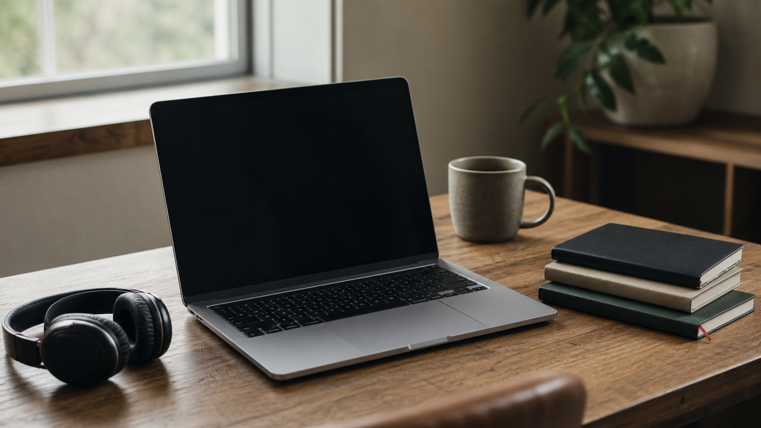 A laptop, headset, coffee mug and notebooks arranged on a home office desk beside a window.