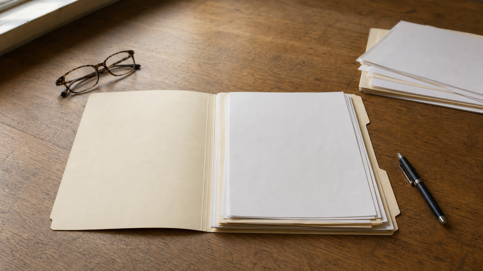 An open patient chart folder with a pen, reading glasses and printed forms on a desk.