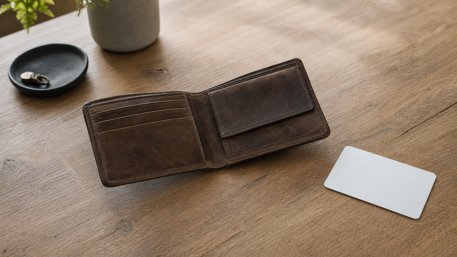 An open empty wallet lies next to a blank white identity card on a table.
