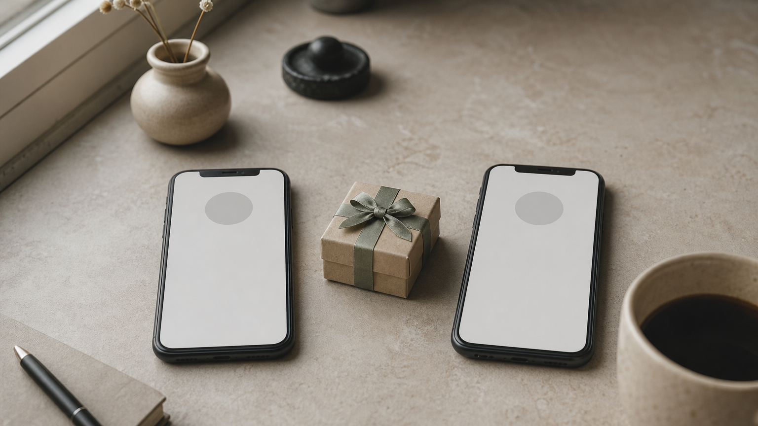 Two smartphones sit side by side on a table with a gift box placed between them.