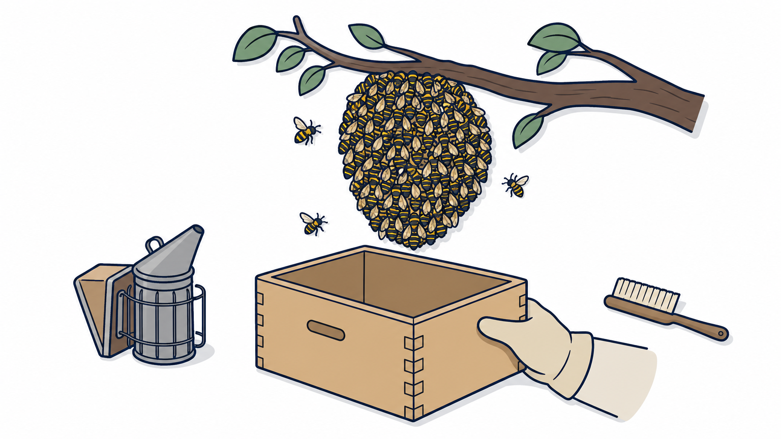A ball of honey bees hangs from a tree branch above an empty wooden box.