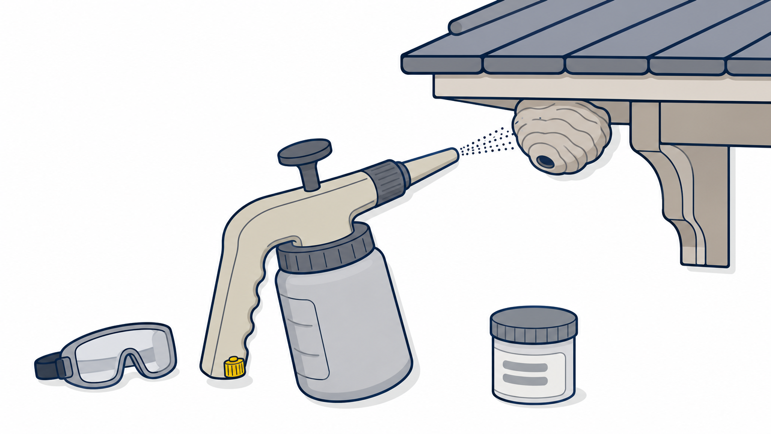 A dust applicator is aimed at a small paper nest under a roof eave.