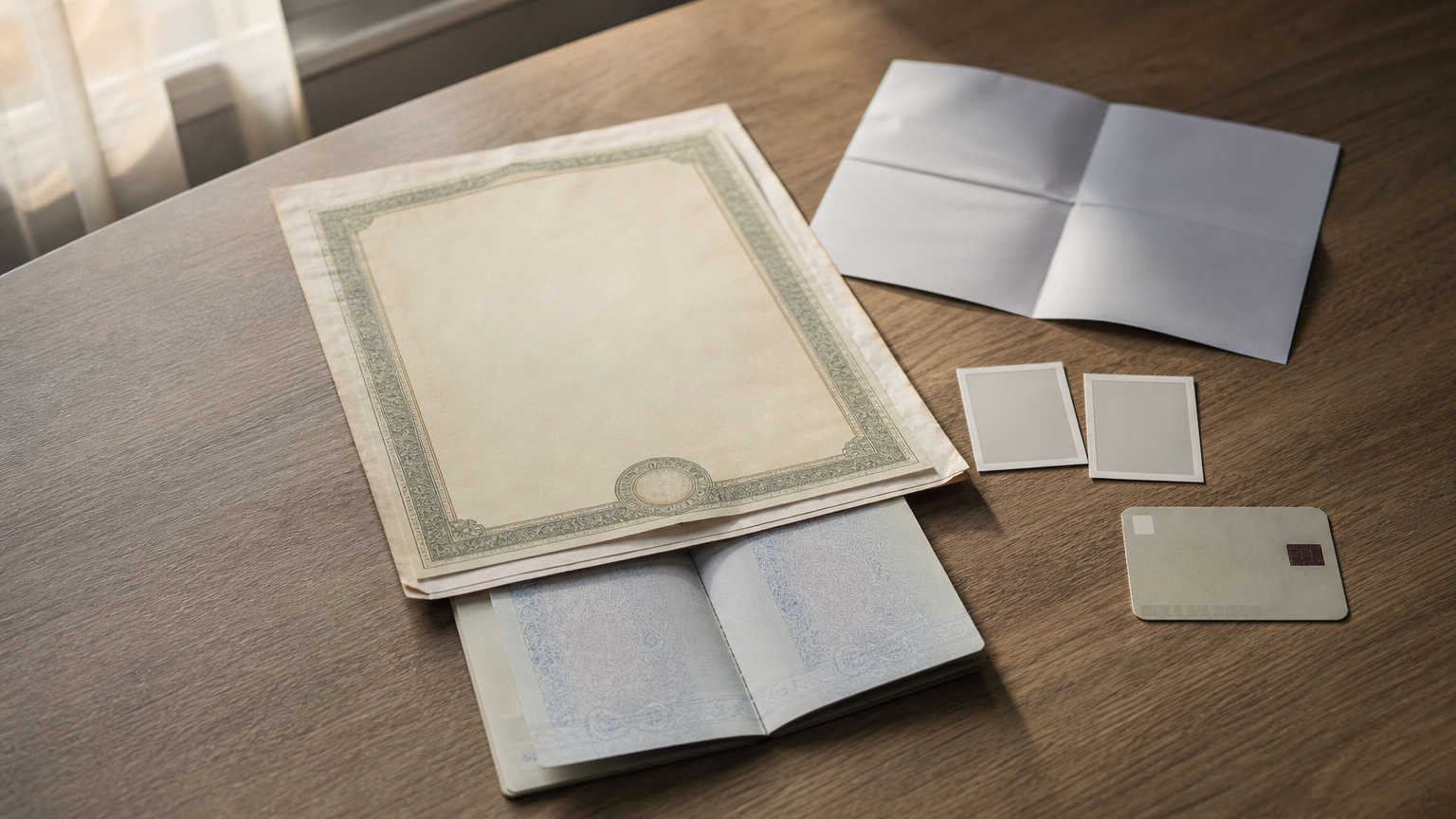Original certificate, passport copy, photographs, application form and ID arranged together on a table.
