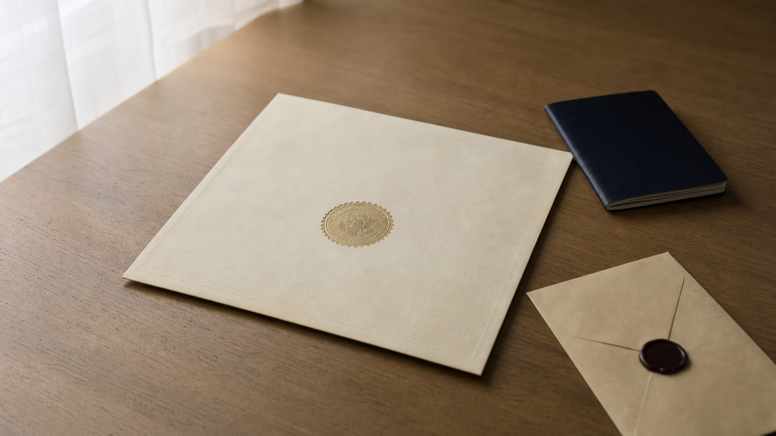 Back of an attested certificate showing a round official seal, placed beside a closed passport and envelope.
