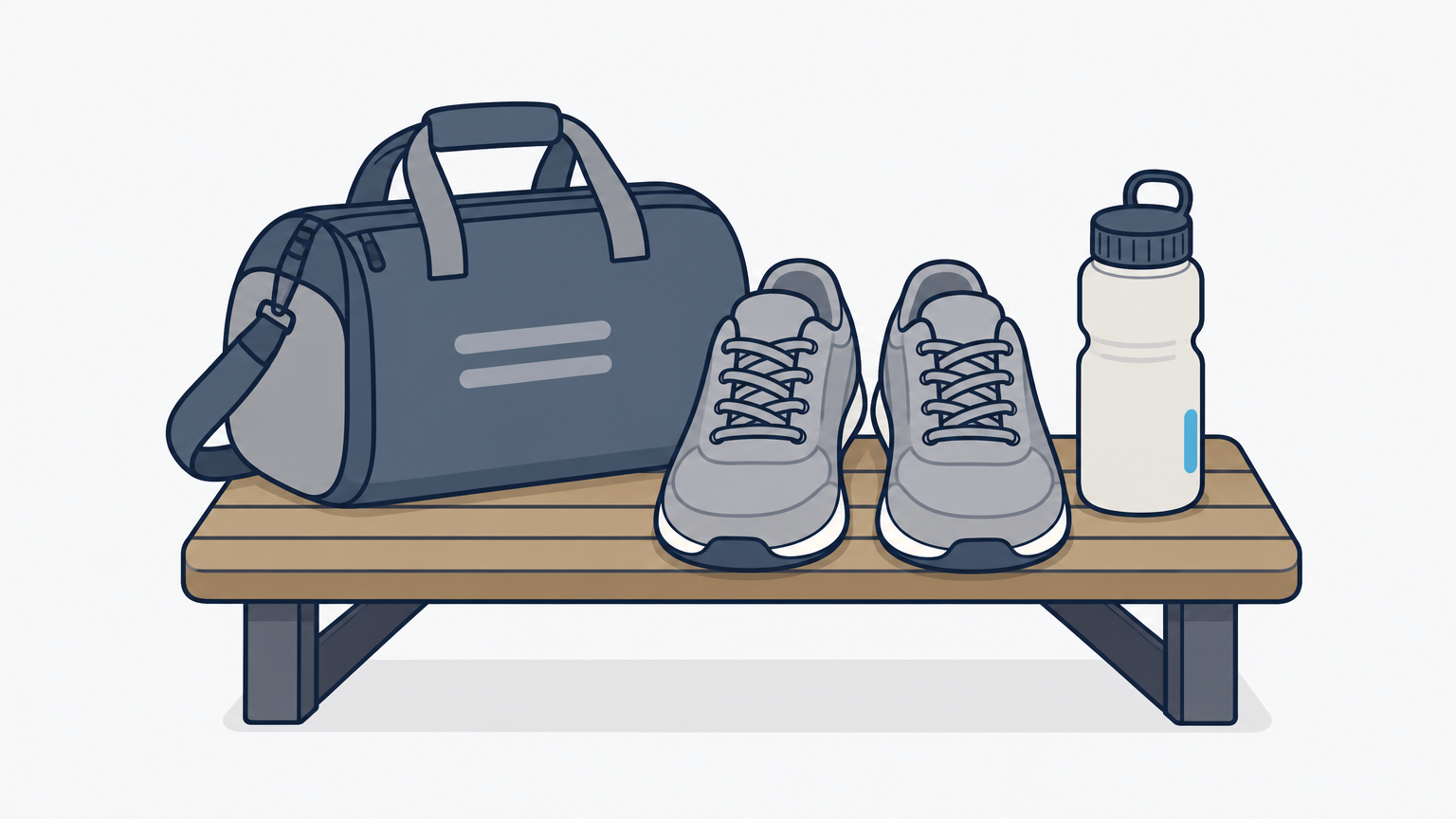 A pair of lace-up kids' running shoes sits on a bench beside a school sports bag and water bottle.