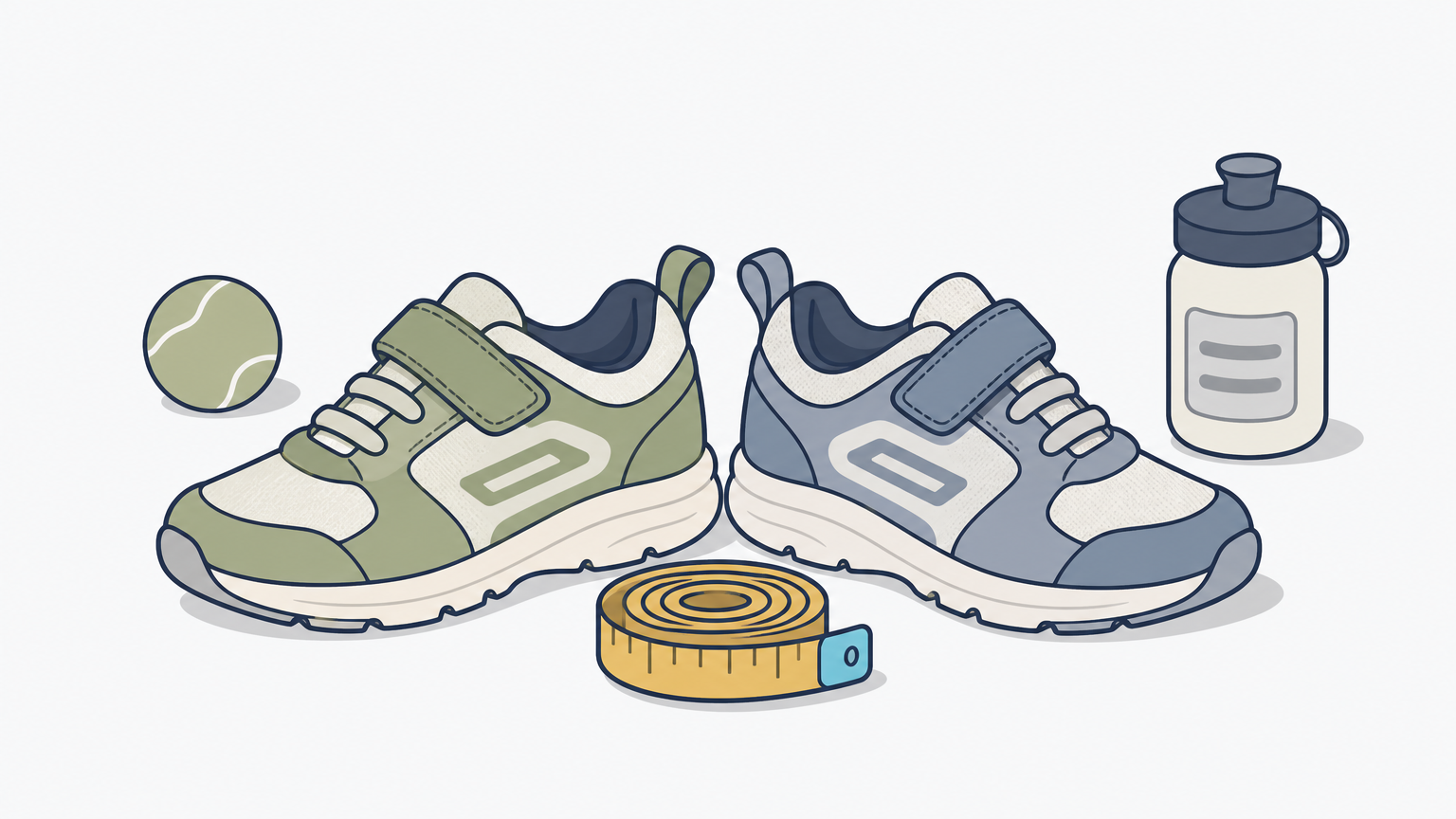 Two kids' running shoes lie heel to heel on a floor, with a tape measure coiled between them.
